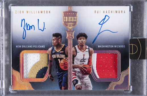 2019/20 Panini "Eminence" Rookie Dual Patch Autographs #RDP-ZRH Zion Williamson/Rui Hachimura Dual Signed Game Used Patch Rookie Card (#3/5) - Panini Encased